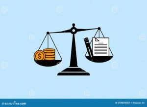 bilancia con simboli di denaro e documenti