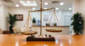 bilanciere e simboli giuridici su scrivania