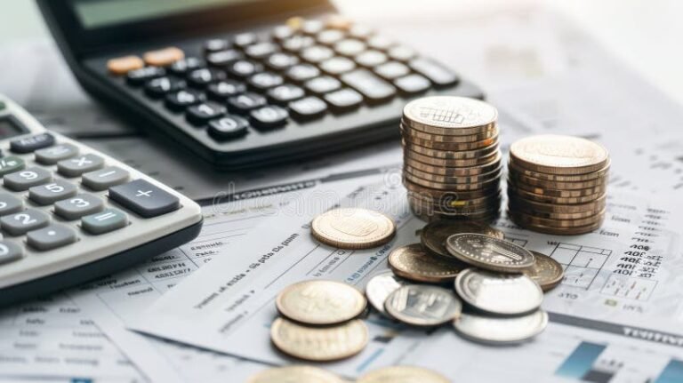 calcolatrice con documenti finanziari e monete 1