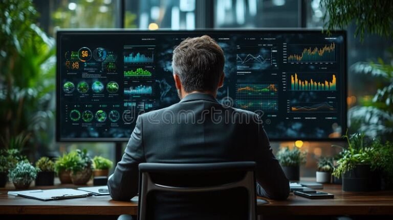 imprenditore che esamina dati ambientali sostenibili