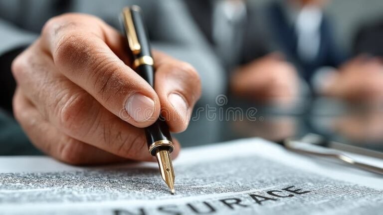 mano che firma un contratto assicurativo dettagliato