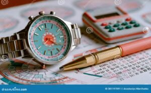 orologio da polso con calcolatrice e fogli