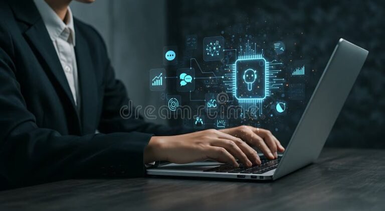 persona che usa laptop con icone digitali fluttuanti