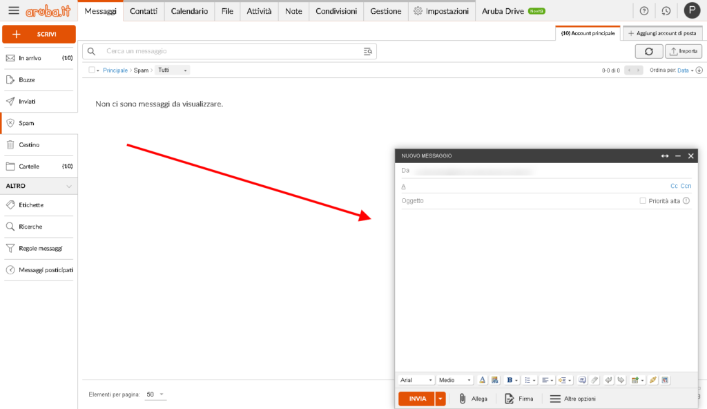 schermata interfaccia aruba con pec aperta