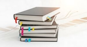 stack di libri finanziari con grafici accanto