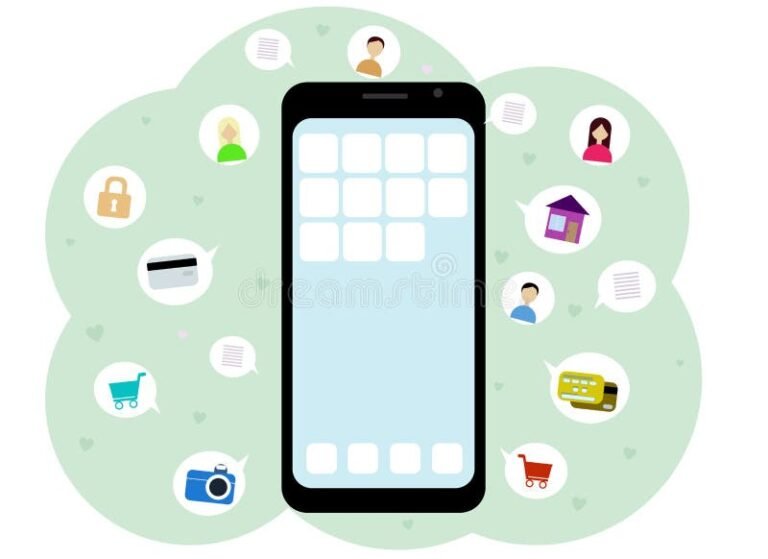 telefono cellulare con icone di contatti personaggi