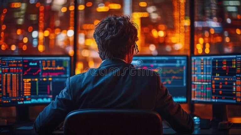 trader concentrato davanti a multipli schermi finanziari