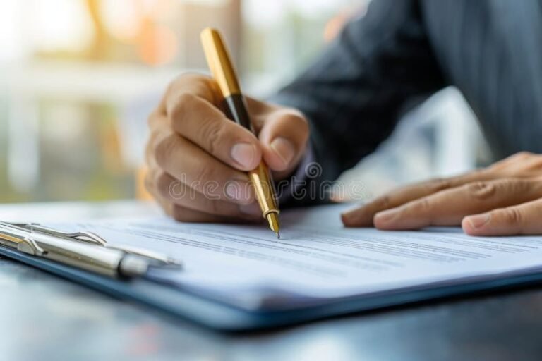 ufficio con documenti e mano che firma