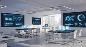 ufficio moderno con tecnologie futuristiche e collaboratori